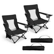 Hasteel Folding Beach Chair for Adults, Low Seat Camping Chair with High Back, Wide Seat Chair with Cup Holder \u0026 Carry Bag, Heavy Duty Portable Chair for Outdoor Picnic Travel (2 Pack of Black)